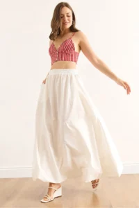 Olalook Women's White Elastic Waist Maxi Balloon Parachute Bell Skirt