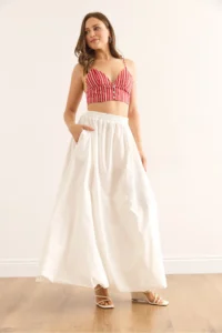 Olalook Women's White Elastic Waist Maxi Balloon Parachute Bell Skirt - Image 2
