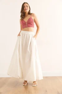 Olalook Women's White Elastic Waist Maxi Balloon Parachute Bell Skirt - Image 3