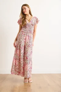 Olalook Women's Pink Floral Patterned Woven Viscose Skirt - Image 2