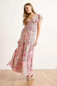 Olalook Women's Pink Floral Patterned Woven Viscose Skirt - Image 3