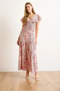 Olalook Women's Pink Floral Patterned Woven Viscose Skirt - Image 4