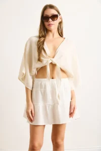 Olalook Women White Mini Muslin Skirt with Shorts - Image 2