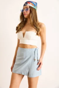 Olalook Women's Blue Lace Detailed Mini Linen Shorts Skirt - Image 3