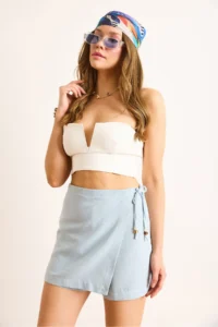 Olalook Women's Blue Lace Detailed Mini Linen Shorts Skirt - Image 4
