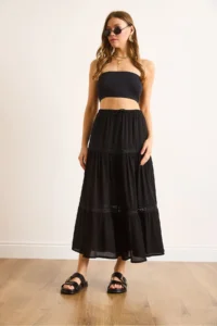 Olalook Women's Black Lace Striped Lined Maxi Skirt - Image 2