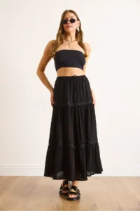 Olalook Women's Black Lace Striped Lined Maxi Skirt - Image 3
