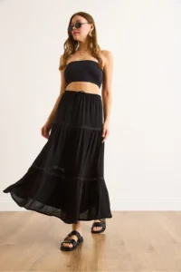 Olalook Women's Black Lace Striped Lined Maxi Skirt - Image 4