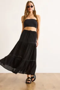 Olalook Women's Black Lace Striped Lined Maxi Skirt - Image 5
