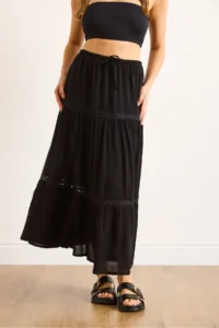 Olalook Women's Black Lace Striped Lined Maxi Skirt - Image 6