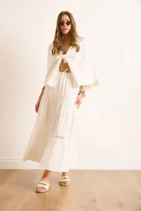 Olalook Women's White Lace Striped Lined Maxi Skirt - Image 2