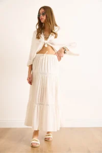 Olalook Women's White Lace Striped Lined Maxi Skirt - Image 3