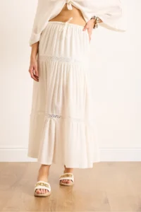 Olalook Women's White Lace Striped Lined Maxi Skirt - Image 4
