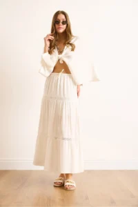 Olalook Women's White Lace Striped Lined Maxi Skirt - Image 5