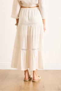 Olalook Women's White Lace Striped Lined Maxi Skirt - Image 6