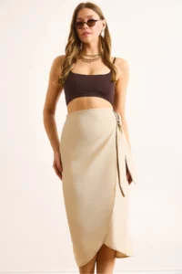 Olalook Women's Stone Tie Detailed Wrap Midi Linen Skirt