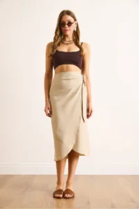 Olalook Women's Stone Tie Detailed Wrap Midi Linen Skirt - Image 2