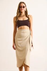 Olalook Women's Stone Tie Detailed Wrap Midi Linen Skirt - Image 3