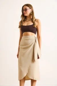 Olalook Women's Stone Tie Detailed Wrap Midi Linen Skirt - Image 4