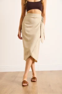 Olalook Women's Stone Tie Detailed Wrap Midi Linen Skirt - Image 5