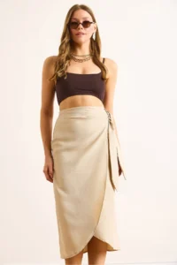 Olalook Women's Stone Tie Detailed Wrap Midi Linen Skirt - Image 6
