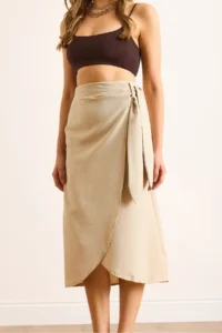 Olalook Women's Stone Tie Detailed Wrap Midi Linen Skirt - Image 7