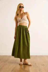 Olalook Women's Khaki Pocket Flowy Long Ayrobin Skirt - Image 2