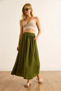 Olalook Women's Khaki Pocket Flowy Long Ayrobin Skirt - Image 3