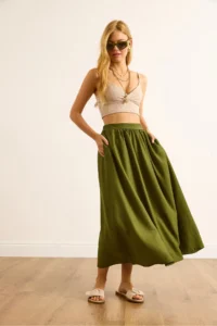Olalook Women's Khaki Pocket Flowy Long Ayrobin Skirt - Image 4