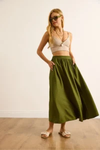 Olalook Women's Khaki Pocket Flowy Long Ayrobin Skirt - Image 5