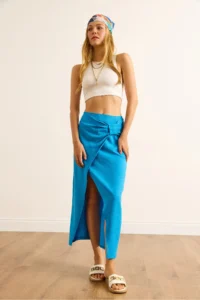 Olalook Women's Blue Double Breasted Waist Detailed Midi Skirt - Image 4