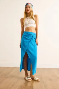 Olalook Women's Blue Double Breasted Waist Detailed Midi Skirt - Image 6