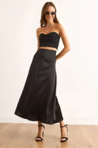 Olalook Women's Black Hidden Zipper Satin Flowy Midi Skirt