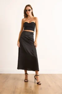 Olalook Women's Black Hidden Zipper Satin Flowy Midi Skirt - Image 2