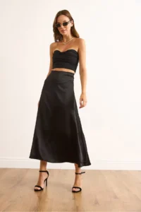 Olalook Women's Black Hidden Zipper Satin Flowy Midi Skirt - Image 3