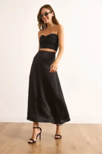 Olalook Women's Black Hidden Zipper Satin Flowy Midi Skirt - Image 4