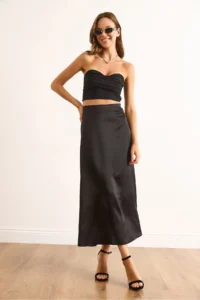 Olalook Women's Black Hidden Zipper Satin Flowy Midi Skirt - Image 5