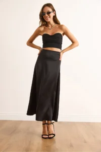 Olalook Women's Black Hidden Zipper Satin Flowy Midi Skirt - Image 6