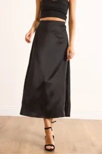 Olalook Women's Black Hidden Zipper Satin Flowy Midi Skirt - Image 7
