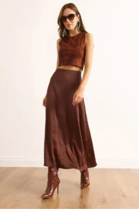 Olalook Women's Brown Hidden Zipper Satin Flowy Midi Skirt