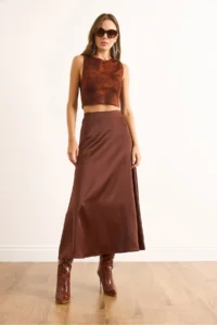 Olalook Women's Brown Hidden Zipper Satin Flowy Midi Skirt - Image 2