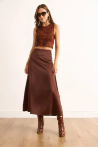 Olalook Women's Brown Hidden Zipper Satin Flowy Midi Skirt - Image 3