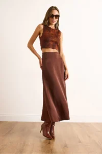 Olalook Women's Brown Hidden Zipper Satin Flowy Midi Skirt - Image 4