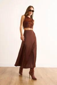 Olalook Women's Brown Hidden Zipper Satin Flowy Midi Skirt - Image 5
