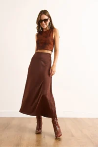 Olalook Women's Brown Hidden Zipper Satin Flowy Midi Skirt - Image 6