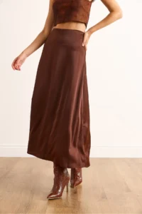 Olalook Women's Brown Hidden Zipper Satin Flowy Midi Skirt - Image 7