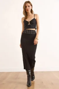 Olalook Women's Black Waist Bird Eye Detailed Midi Sandy Skirt
