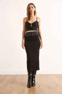 Olalook Women's Black Waist Bird Eye Detailed Midi Sandy Skirt - Image 2