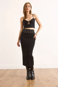 Olalook Women's Black Waist Bird Eye Detailed Midi Sandy Skirt - Image 3