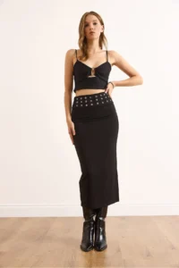 Olalook Women's Black Waist Bird Eye Detailed Midi Sandy Skirt - Image 4